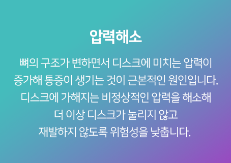 압력해소-뼈의-구조가-변하면서-디스크에-미치는-압력이-증가해-통증이-생기는-것이-근본적인-원인입니다-디스크에-가해지는-비정상적인-압력을-해소해-더-이상-디스크가-눌리지-않고-재발하지-않도록-위험성을-낮춥니다